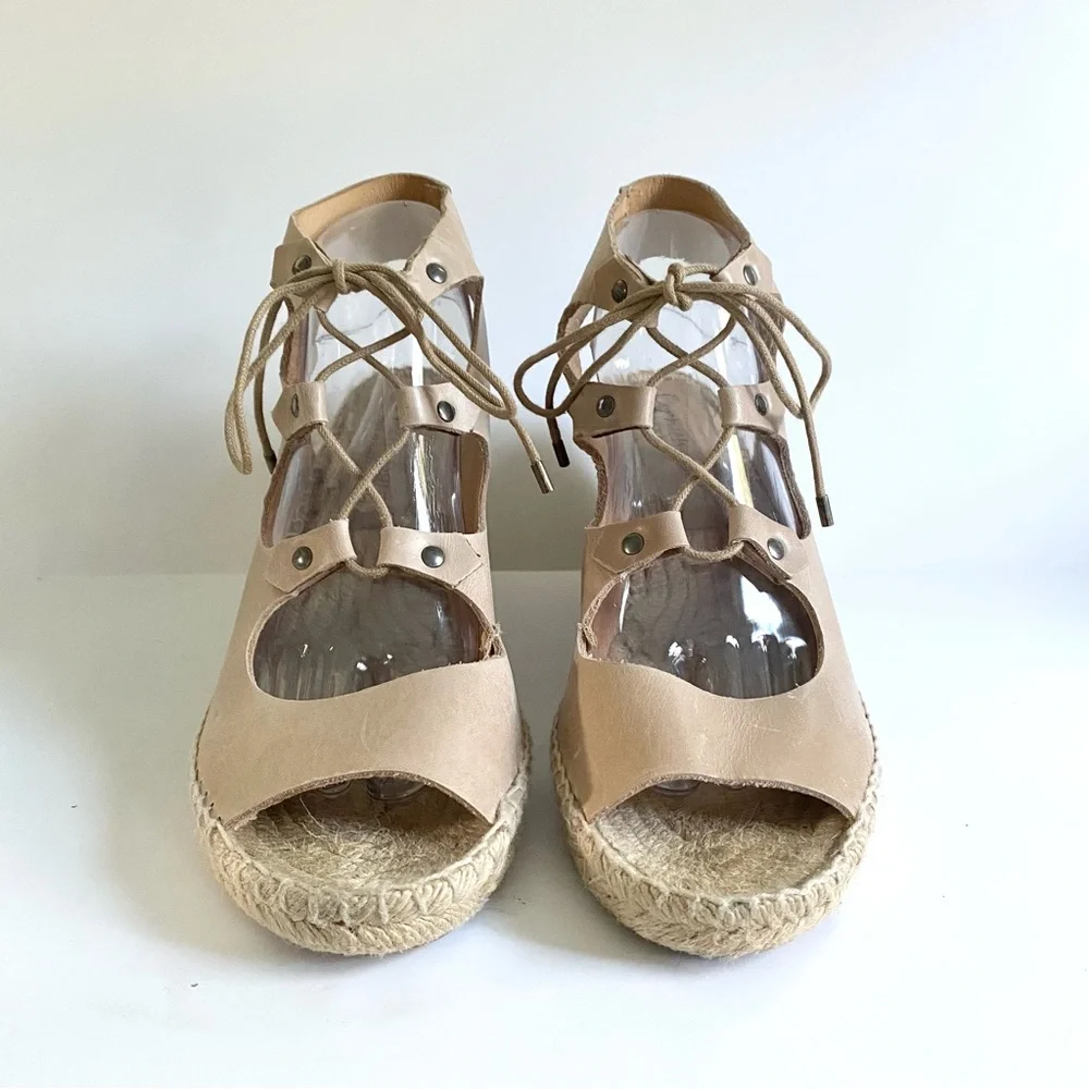 Anthropologie Carmen Saiz Leather Espadrille Wedge Sandals Strappy Gladiator Tan